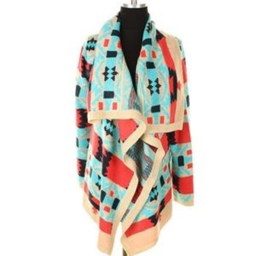 Coral / Blue Aztec Tribal Asymmetrical Cardigan